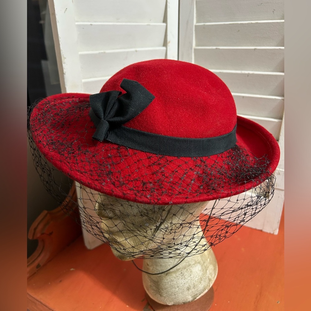 Vintage 1960's Red Wool Felt Hat with Decorative Netting by Geo W. Bollman & Co.